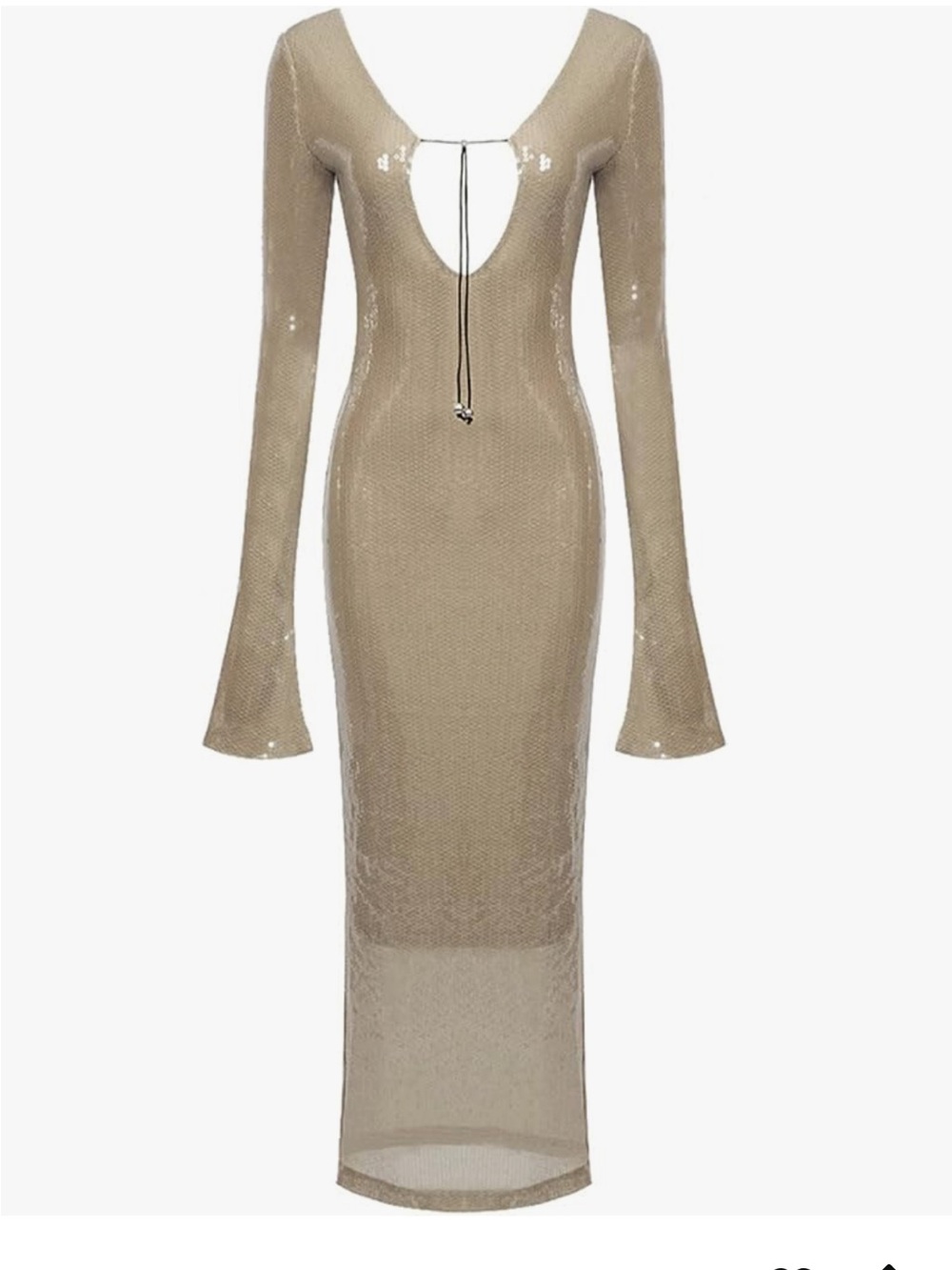 NEW Deep V Long Sleeve Scoop-Back Sequin Dress in Nude / Beige